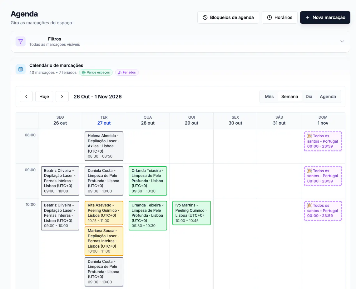 Agenda semanal com marcações de demonstração e o botão Nova marcação
