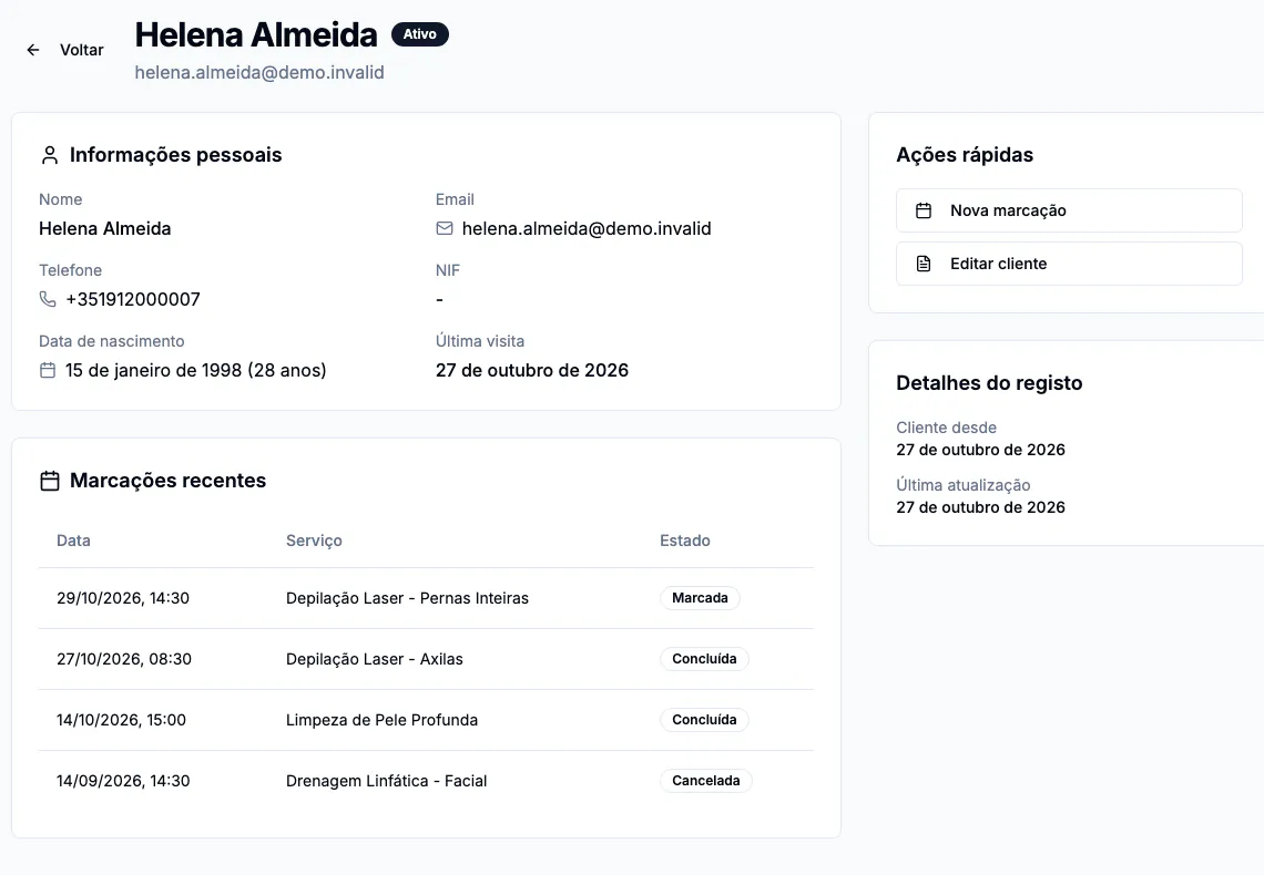 Ficha de um cliente fictício com informações pessoais e marcações recentes